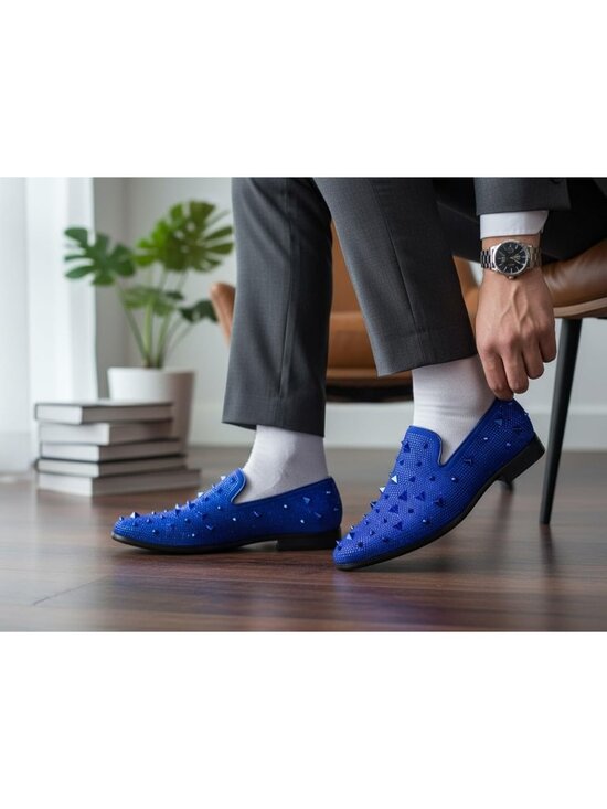Matrocharm Men\'s Blue Rubber Vintage Spike Rhinestone Loafer Slip On Party Shoes